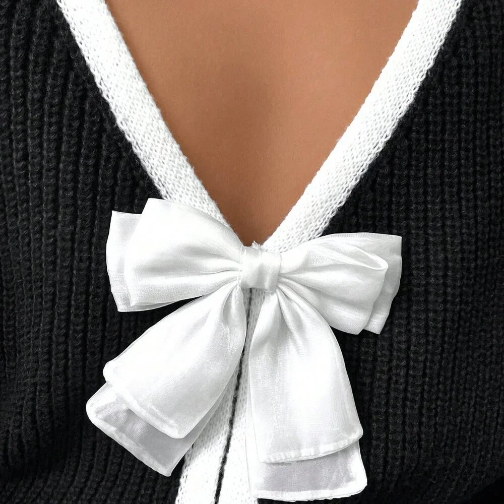 Plus Size Black Casual Women's Bowknot Crew Neck Long Sleeve Sweater - Picture 4 of 9